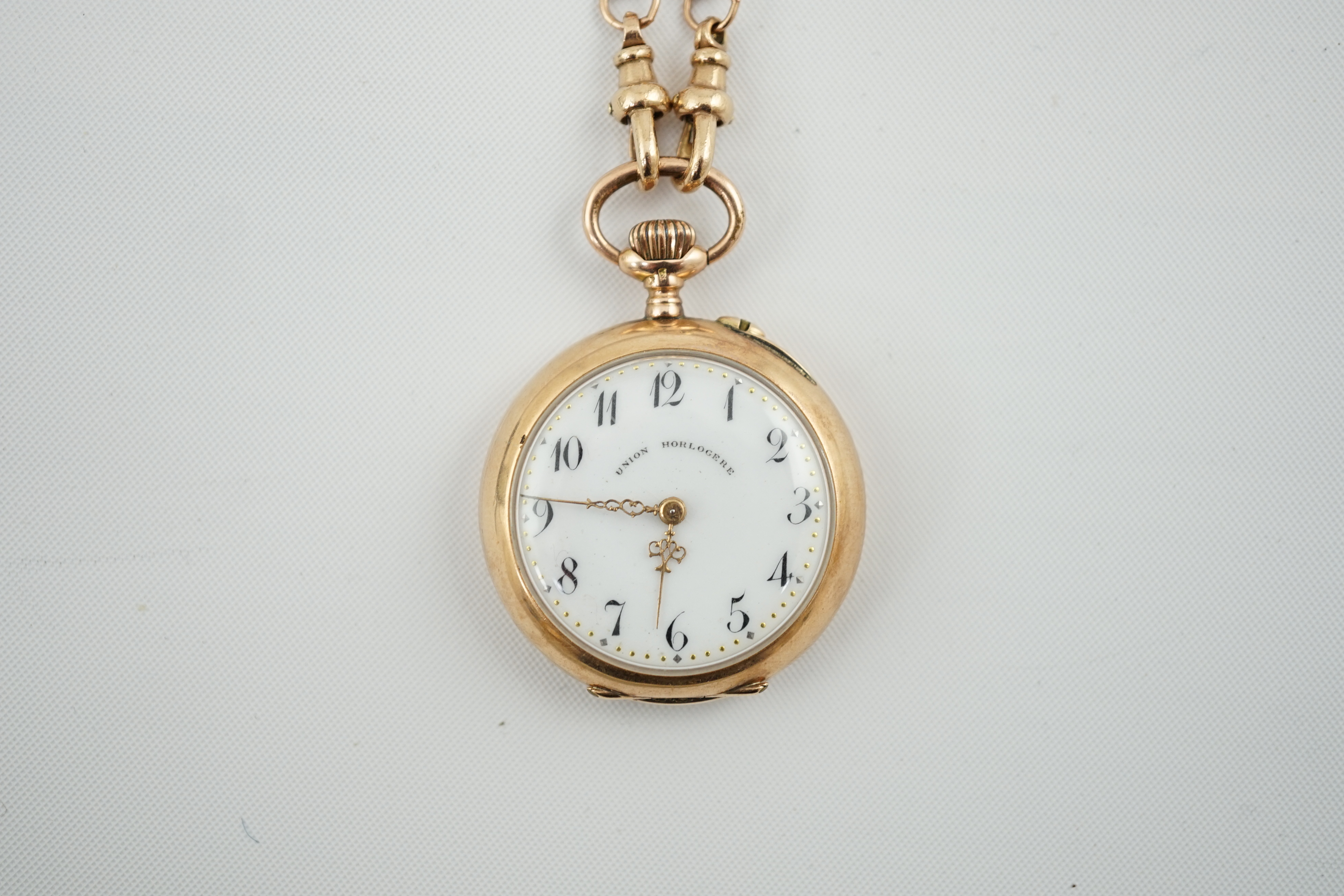 A Swiss 14k gold keyless open face fob watch